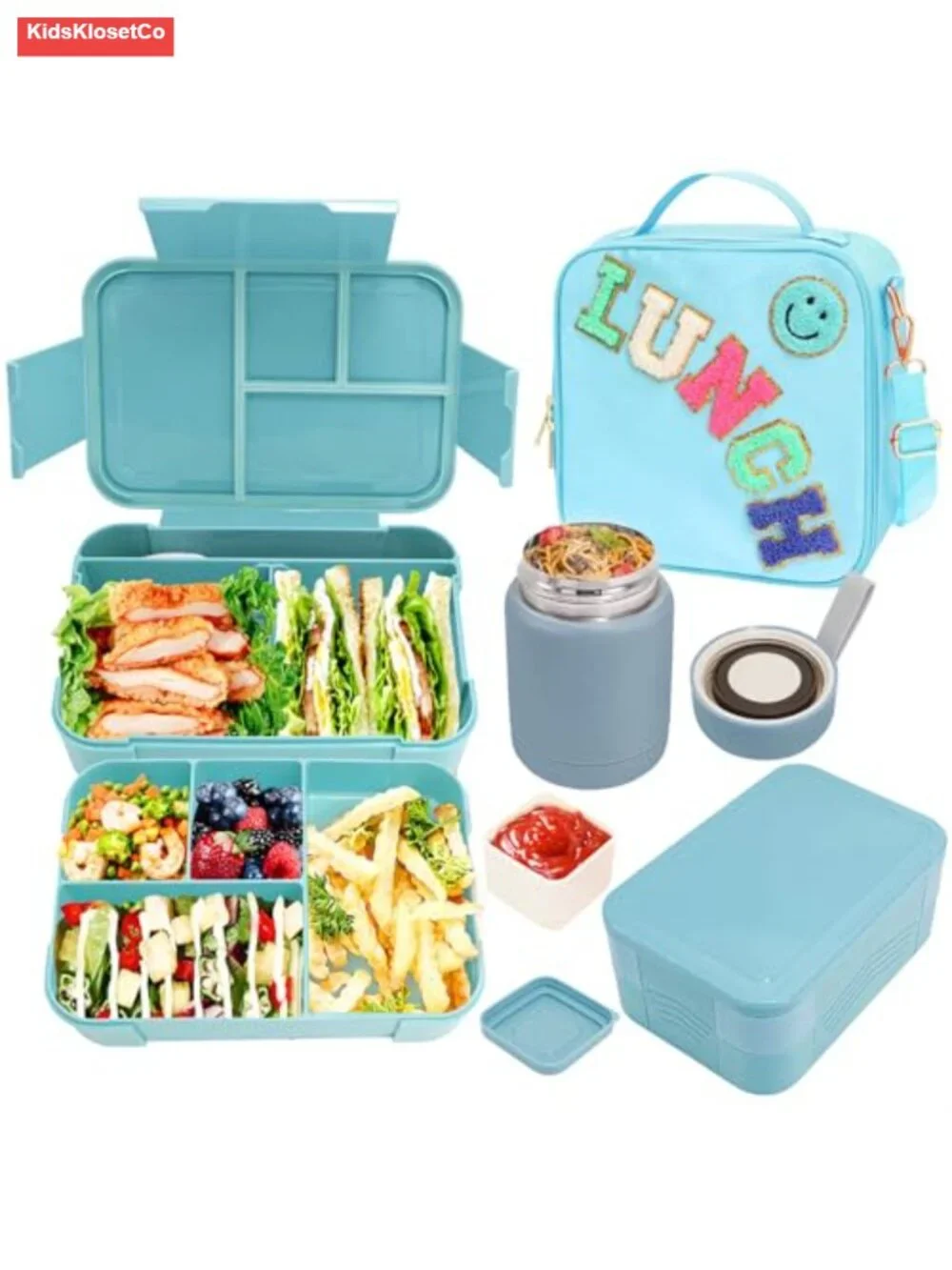 Nylon Insulated Lunch Bag Set with 10oz Thermos & 6-Compartment Bento Box for